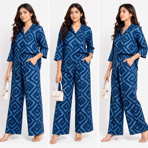Women Navy Blue Geometric Print Co-Ord Set – Premium Relaxed Shirt & Wide Leg Pants