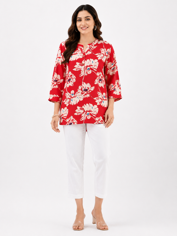 Red Floral Cotton Co-Ord Set for Women | Casual Ethnic Matching Set