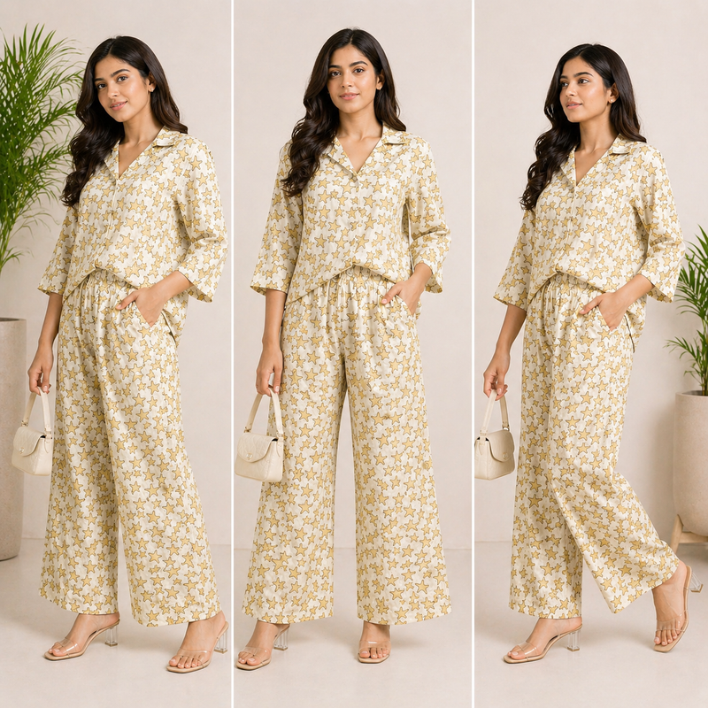 Elegant Cream Star Print Matching Set for Women