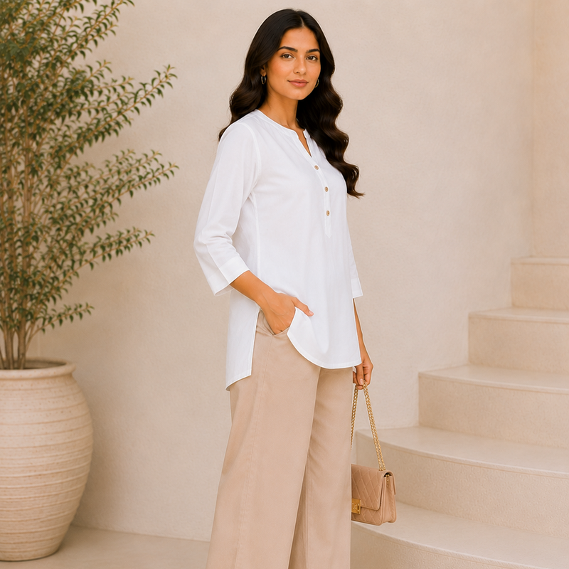 Woman in a white blouse and beige pants standing on a staircase with a plant in the background