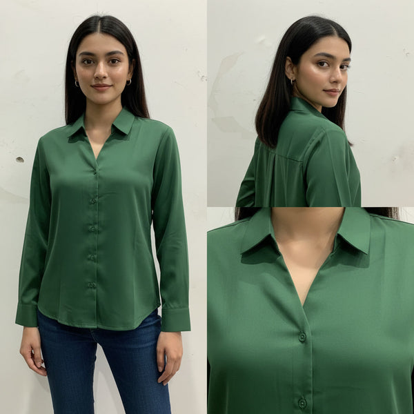 Green shirt worn by a model with close-up details on a white background