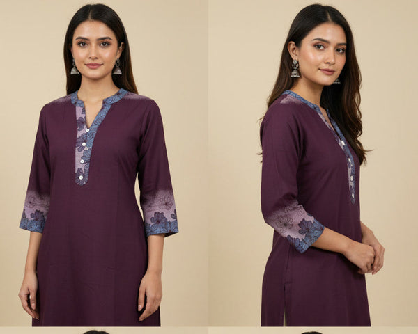 Purple kurta with floral patterns on a beige background