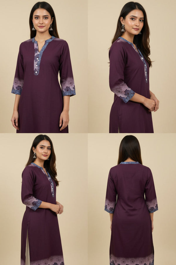 Purple kurta with floral patterns on a beige background