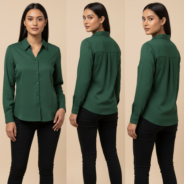 Green shirt worn by a model on a beige background