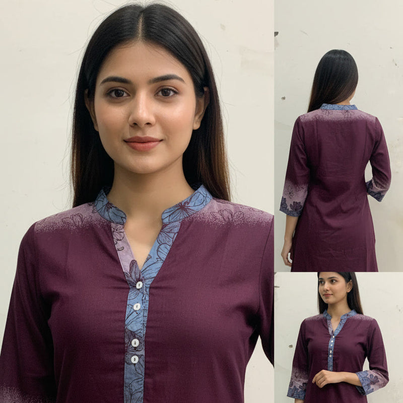 Woman wearing a maroon kurta with blue accents, shown from multiple angles on a plain background.
