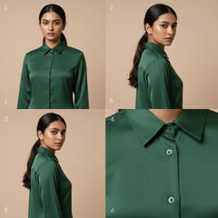 Green shirt displayed from different angles on a beige background