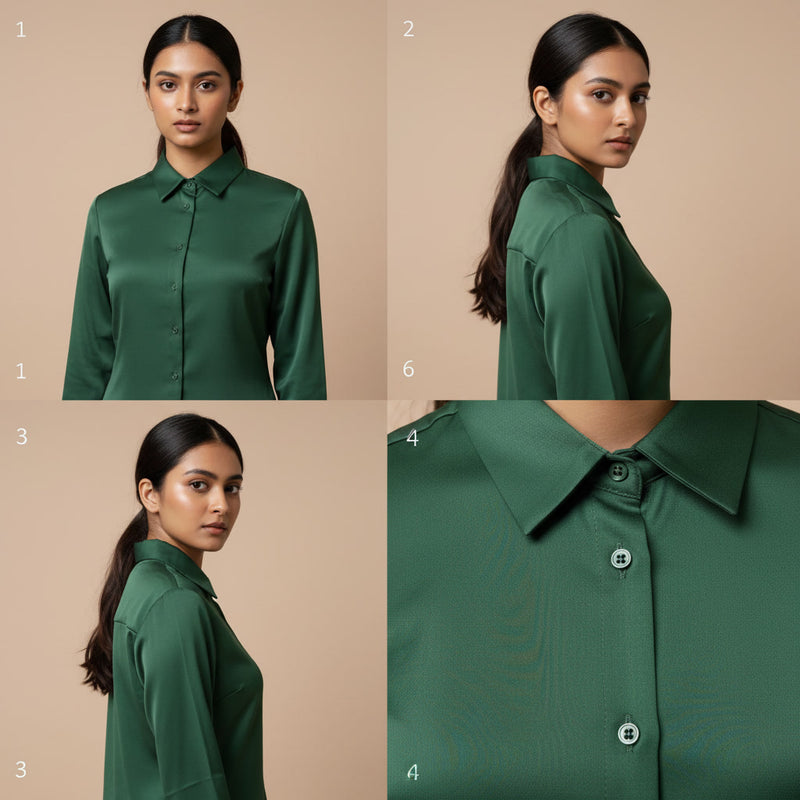 Green shirt displayed from different angles on a beige background