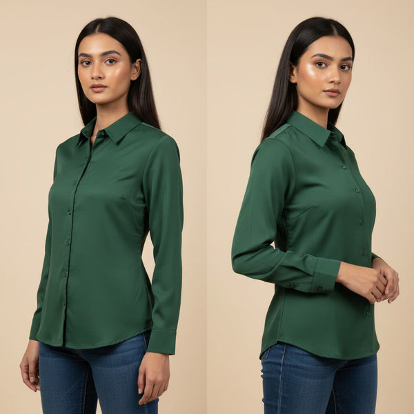 Woman wearing a green shirt and blue jeans on a beige background