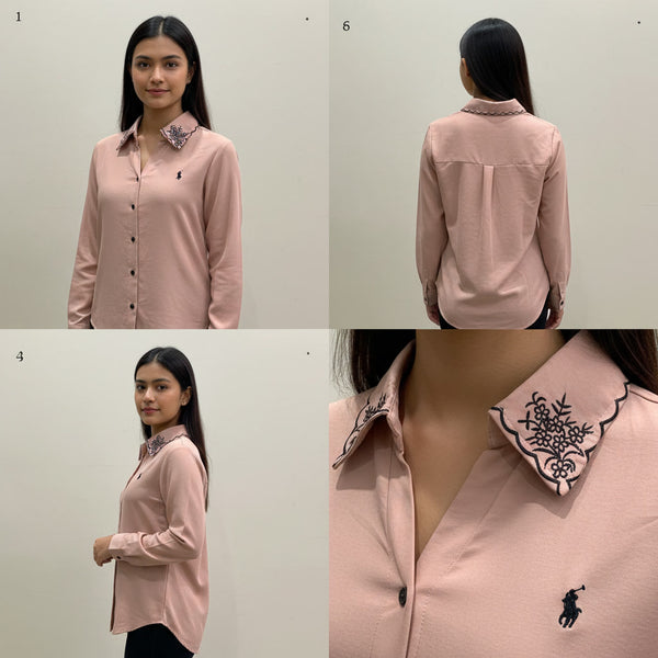 Pink shirt with embroidered collar worn by a model, shown from front, back, and side views.