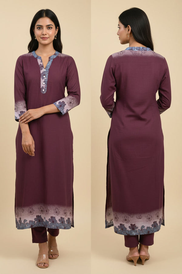 Maroon kurta with floral patterns on a beige background