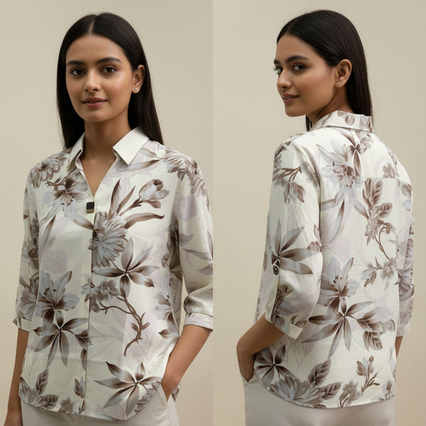 Woman wearing a floral shirt from front and back views on a beige background