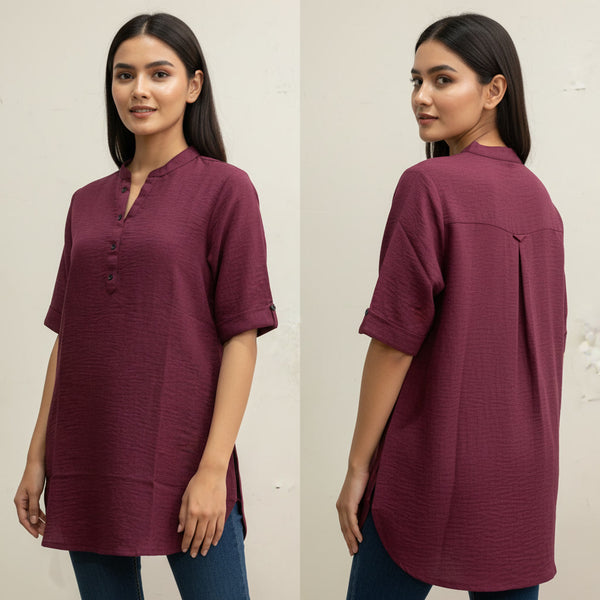 Woman wearing a maroon shirt from front and back views on a plain background