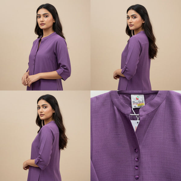 Purple shirt worn by a model on a beige background, with close-up of shirt fabric and tag.