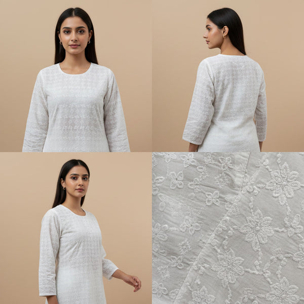 Woman wearing a white embroidered dress with close-up of fabric texture on a beige background