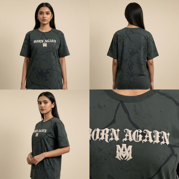 Black t-shirt with 'Born Again' text worn by a model, shown from front, back, and close-up on beige background.
