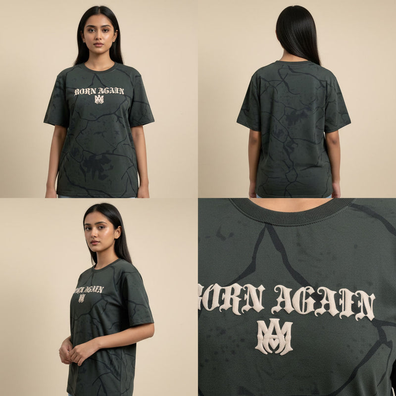 Black t-shirt with 'Born Again' text worn by a model, shown from front, back, and close-up on beige background.