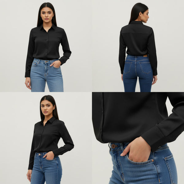 Woman wearing a black shirt and blue jeans with different angles shown.