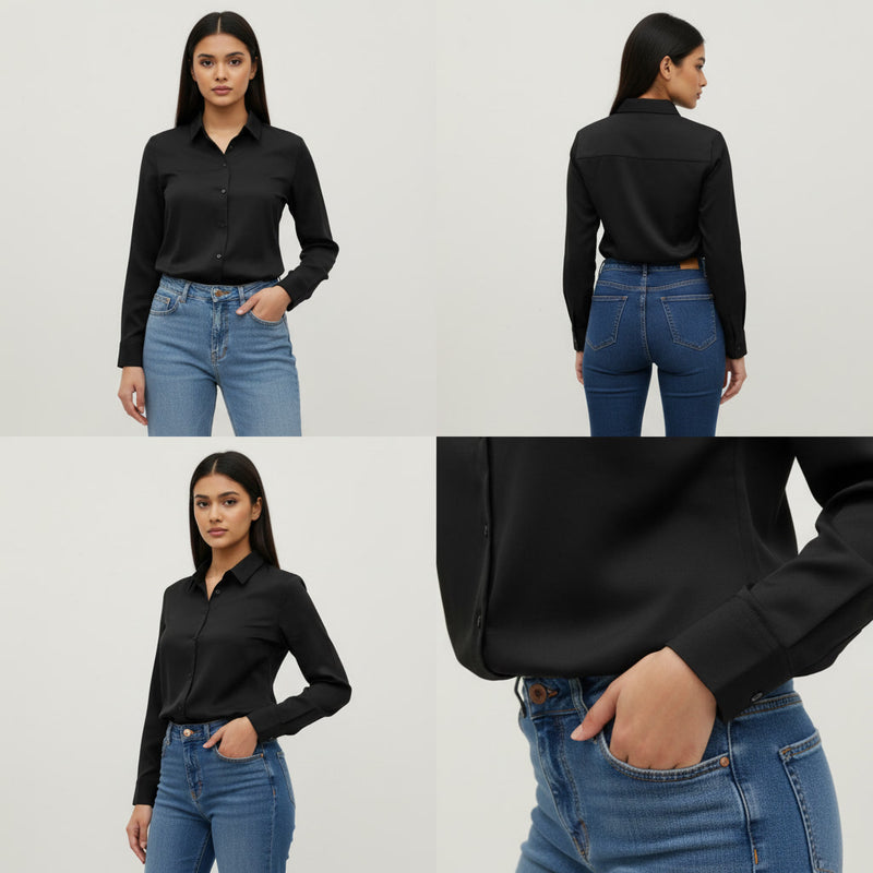 Woman wearing a black shirt and blue jeans with different angles shown.
