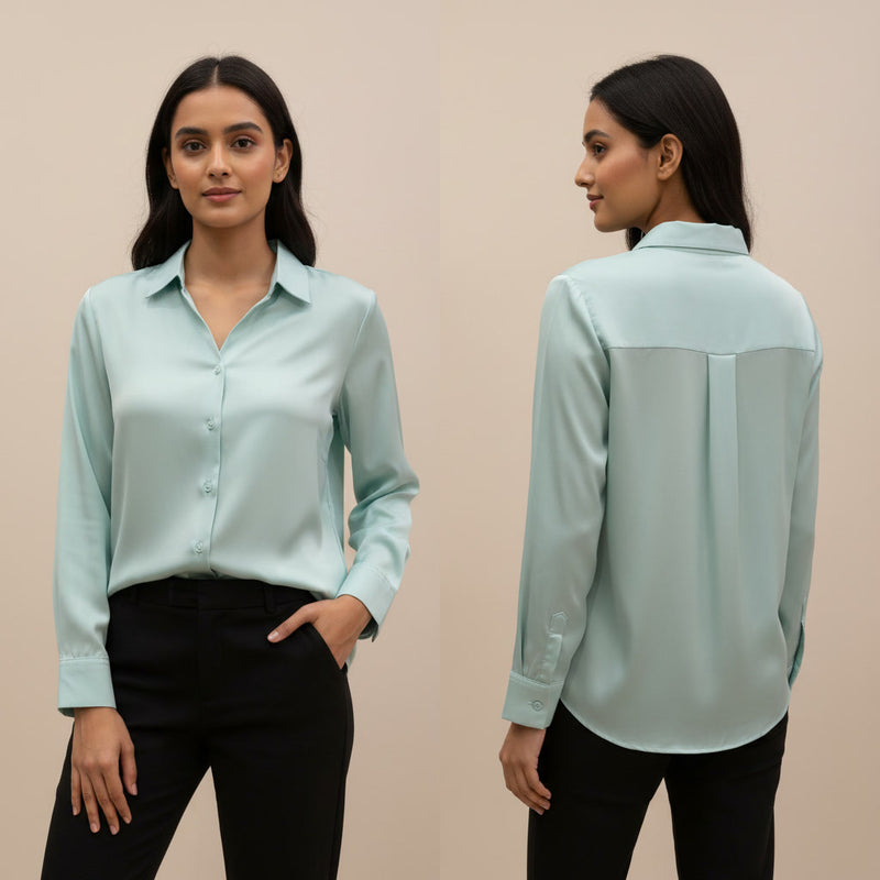 Woman wearing a light blue shirt, front and back views, on a beige background