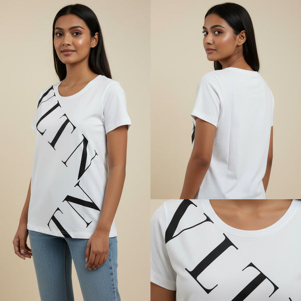 Woman wearing a white t-shirt with black text, shown from front, back, and close-up angles.