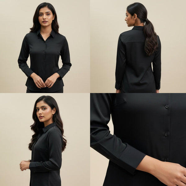 Black shirt being modeled from multiple angles on a beige background