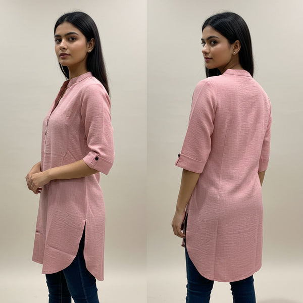 Woman wearing a pink kurta from front and back views against a plain background