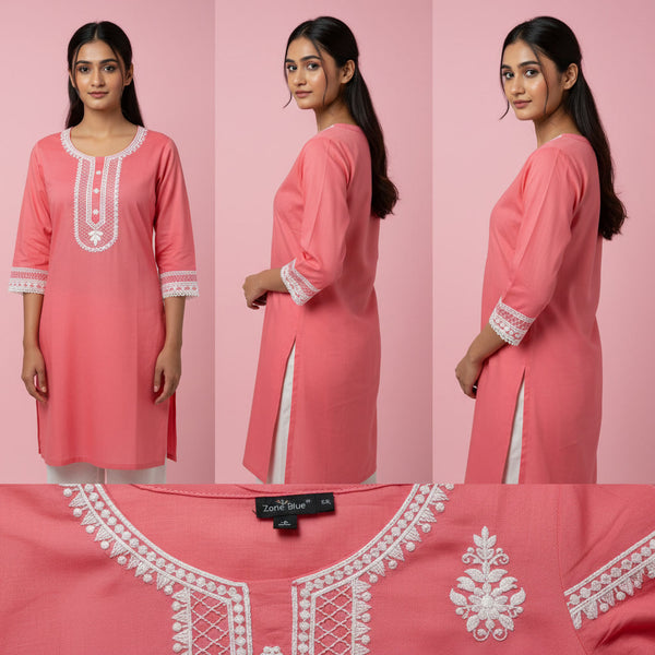 Pink kurta with white embroidery on a pink background