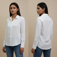 Woman wearing a white shirt and blue jeans, shown from front and back on a beige background