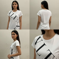 White t-shirt with black logo worn by a model, shown from front, back, and side views.