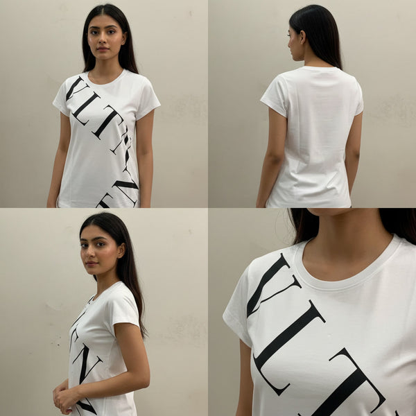White t-shirt with black logo worn by a model, shown from front, back, and side views.
