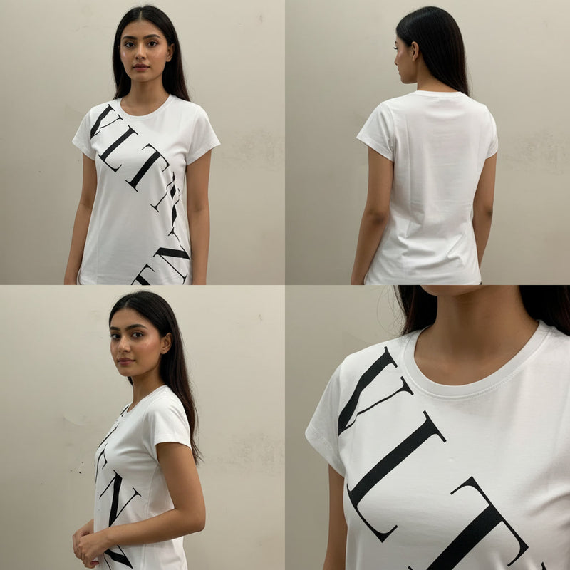 White t-shirt with black logo worn by a model, shown from front, back, and side views.