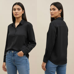 Woman wearing a black shirt and blue jeans, shown from front and back on a beige background