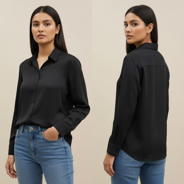 Woman wearing a black shirt and blue jeans, shown from front and back on a beige background