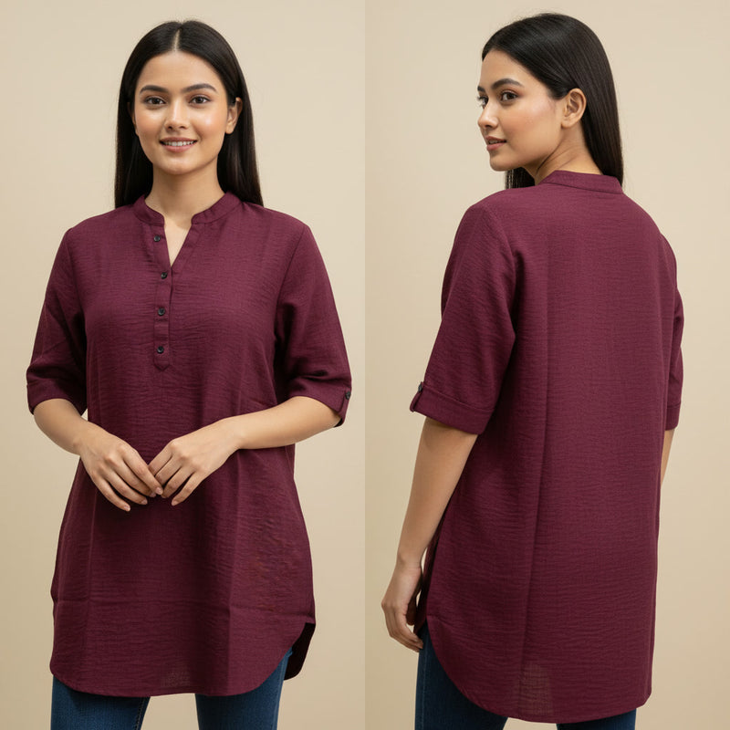 Woman wearing a maroon kurta with front and back views on a beige background