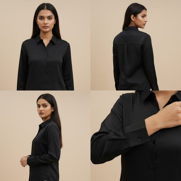 Black shirt worn by a model on a beige background