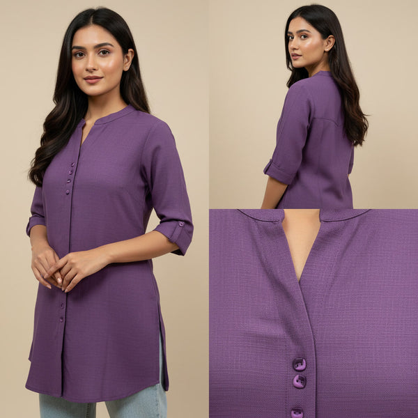 Purple shirt worn by a model with close-up details on a beige background