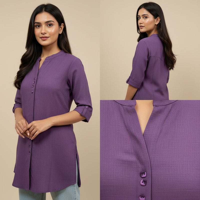 Purple shirt worn by a model with close-up details on a beige background