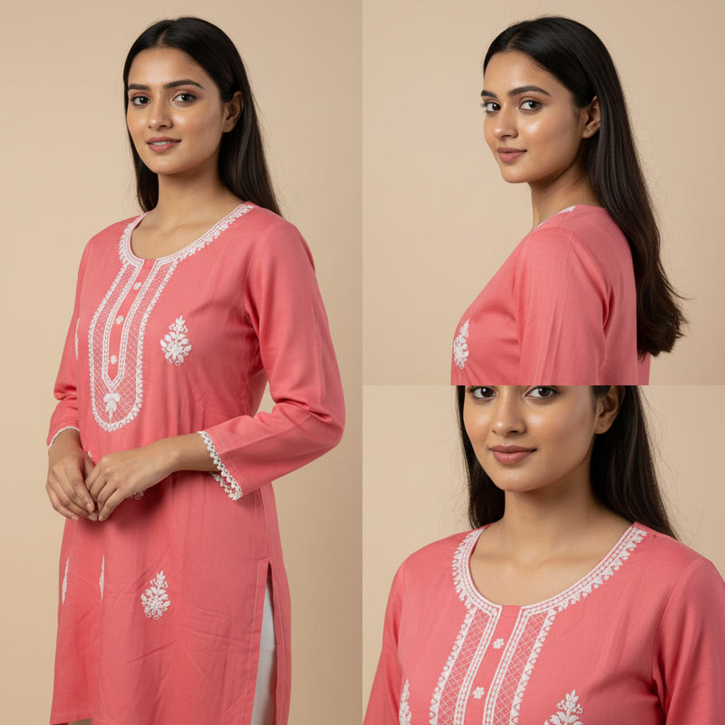 Woman wearing a pink kurta with white embroidery on a beige background