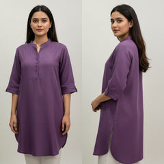 Woman wearing a purple kurta from front and side views on a white background
