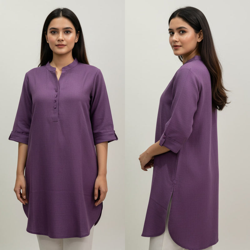 Woman wearing a purple kurta from front and side views on a white background