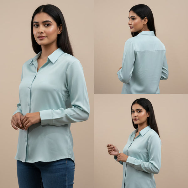 Woman wearing a light blue shirt with front, back, and side views displayed.
