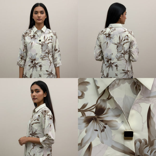 Woman wearing a floral shirt with front, back, and close-up views displayed.