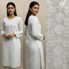 Woman wearing a white kurta with floral embroidery, shown from front, side, and close-up of fabric.