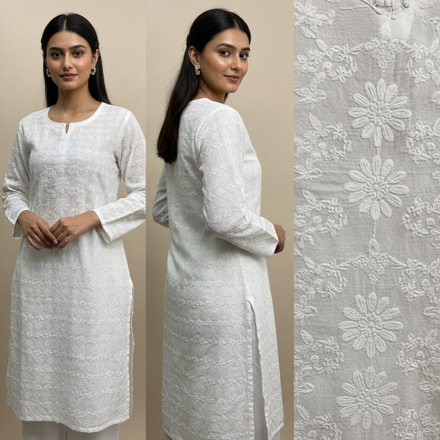 Woman wearing a white kurta with floral embroidery, shown from front, side, and close-up of fabric.
