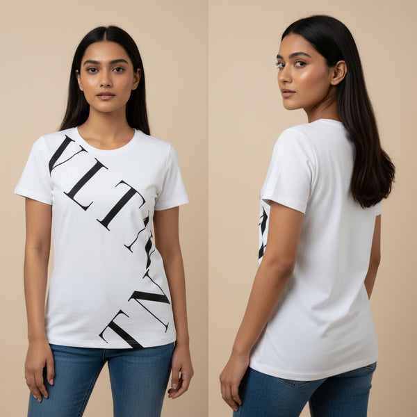 Woman wearing a white t-shirt with black text design, shown from front and back on a beige background.