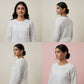 Woman wearing a light gray sweater from different angles on a plain background