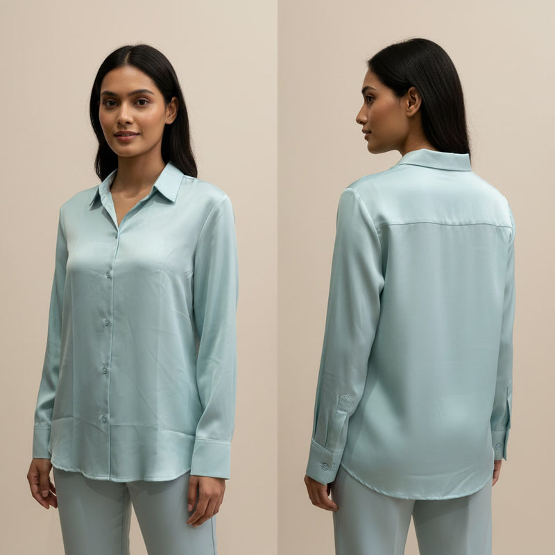 Woman wearing a light blue shirt and pants, shown from front and back on a beige background