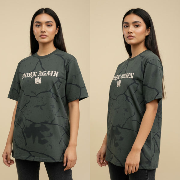 Two identical images of a person wearing a dark green t-shirt with 'Born Again' text on a beige background