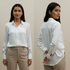 Woman wearing a white shirt and beige pants, shown from front and back views against a neutral background.