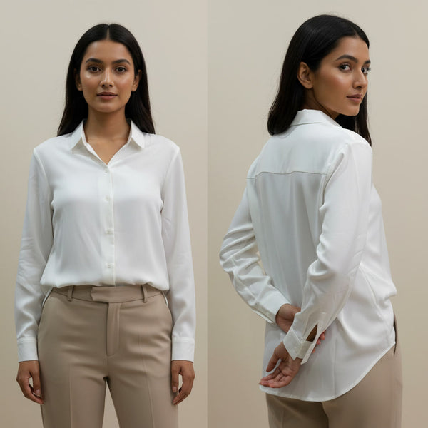 Woman wearing a white shirt and beige pants, shown from front and back views against a neutral background.